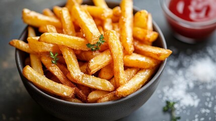 Crispy golden french fries rest in a dark bowl, showcasing a perfectly cooked texture