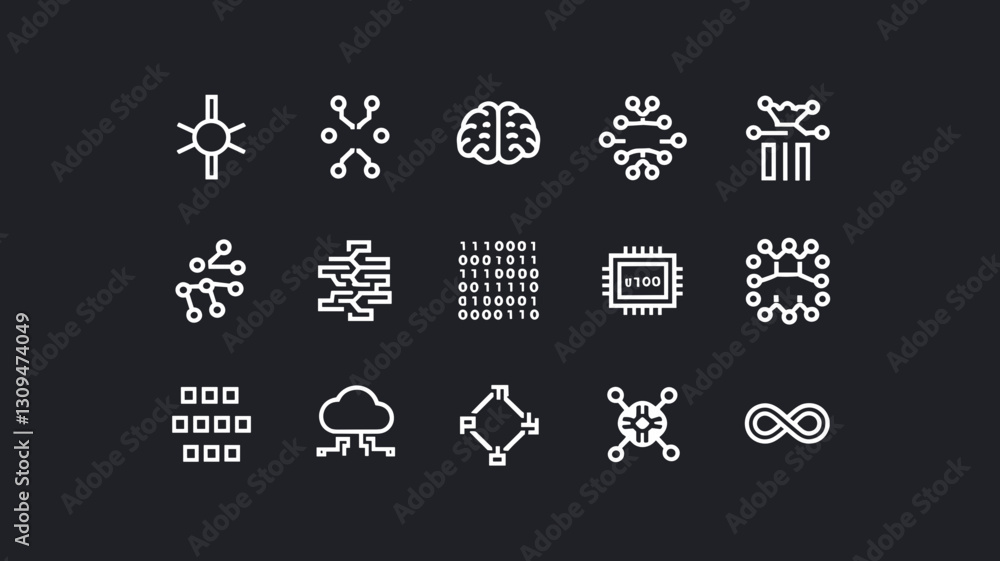 Poster vector icon set for technology and data visualization, featuring brain, circuit, cloud, and infinity