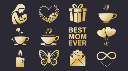 Vector Icon Set for Mother's Day: Gold Icons for Gifts, Coffee, Love, and Celebrating Moms - Perfect for Cards and Social Media Graphics