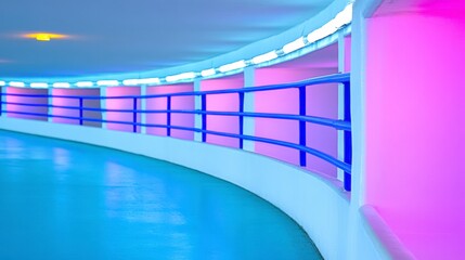 Obraz premium Abstract curved hallway with vibrant pink and blue walls, illuminated by artificial lighting. Smooth, reflective floor, metallic blue railings. Modern architecture.