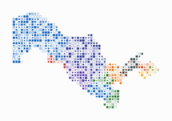 Obraz premium Uzbekistan, shape of the country built of colored cells. Digital style map of Uzbekistan on white background. Small size square blocks. Artistic vector illustration.