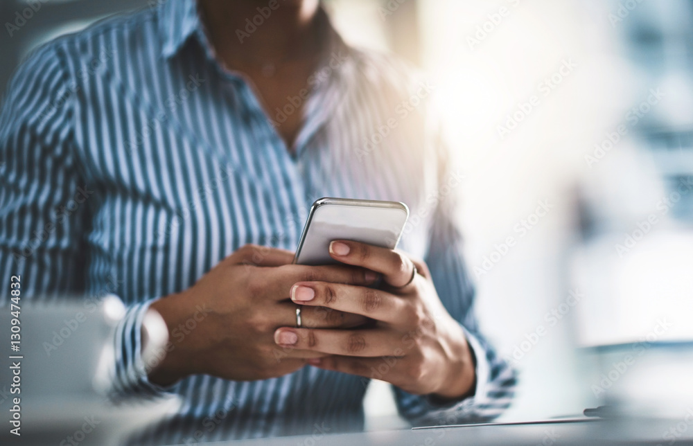 Poster hands, phone and website with business woman in office for client feedback, communication and app. o