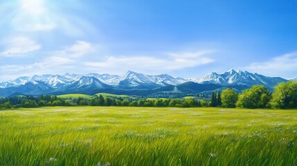 Serene Austrian Landscape with Vibrant Green Meadow and Majestic Mountains Under Clear Blue Sky, Ideal Sunny Summer Day Scenery