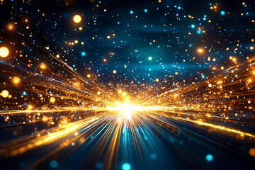 Quantum particles explosion with Art Deco sunburst patterns in gold and teal, radiating bright light trails in a symmetrical display of energy and light