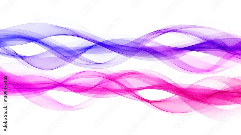 Poster abstract background with flowing purple and blue waves on white. dynamic, smooth curves create a sen