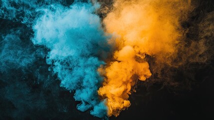 Blue and orange smoke swirls against black background; abstract art, design element