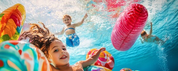 Children enjoy swimming in the pool with colorful inflatable toys