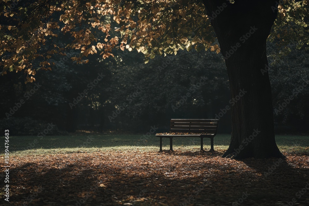Poster Solitary bench under a tree in a park surrounded by fallen leaves highlighting autumns gentle light Generative AI