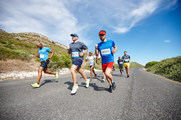 People, running competition and marathon in nature, cardio challenge and street for resilience. Athletes, contest and community for workout on mountain road, international tournament and sports