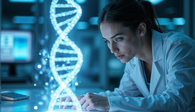 "A focused female scientist in a high-tech lab analyzing a glowing 3D DNA hologram, representing advanced genetic research and biotechnology."