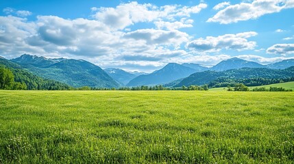 Fototapeta premium Serene Austrian Landscape with Vibrant Green Meadow and Majestic Mountains Under Clear Blue Sky, Ideal Sunny Summer Day Scenery