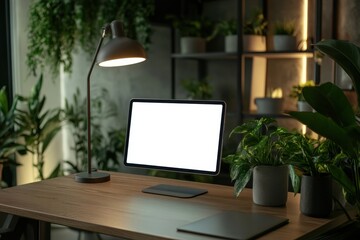 Fototapeta premium Modern Workspace with Blank Screen Laptop and Indoor Plants