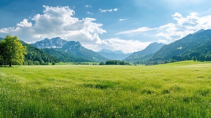 Fototapeta premium Serene Austrian Landscape with Vibrant Green Meadow and Majestic Mountains Under Clear Blue Sky, Ideal Sunny Summer Day Scenery