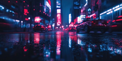 Obraz premium Rain falling on a city street at night reflecting neon lights