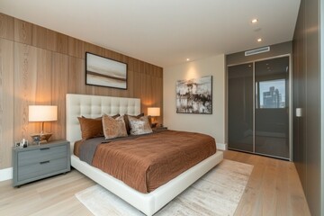 Modern, light-filled bedroom with a neutral color palette, featuring a large bed, wooden walls, and a view.