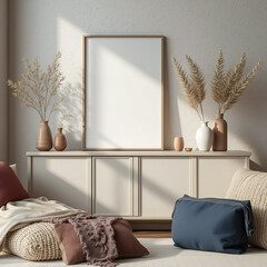 blank frame mockup in a minimalistic living room setting with neutral palette and natural light