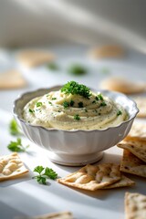 Creamy dip in a bowl surrounded by crackers and herbs on a bright surface during the afternoon