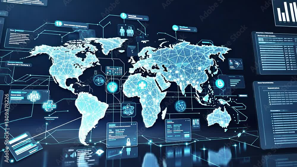 Poster futuristic digital world map with glowing data connections, analytics, and high-tech global network 