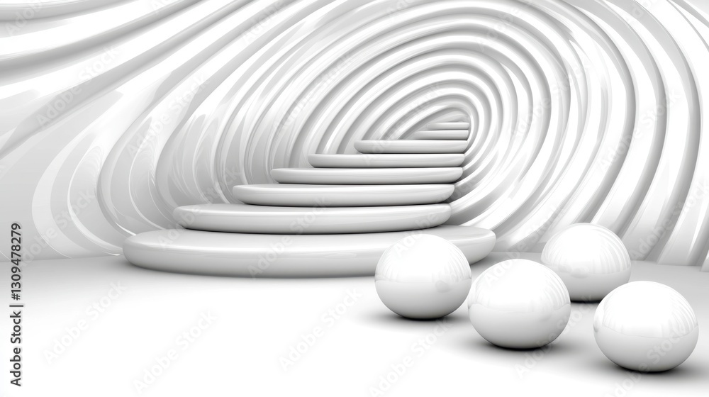 Poster abstract 3d rendering of a white, swirling tunnel with stairs and spheres. clean lines and smooth su