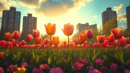 Blooming tulips in city park, sun beaming, buildings in background, bright sky, spring