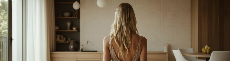 Fototapeta premium blonde woman with long hair seen from behind wearing a beige top in a minimalist room