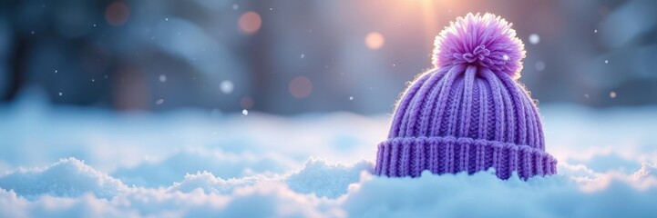 Soft purple beanie on pristine snow, gentle snowfall, blurry lights , soft, purple