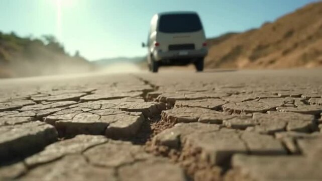 A camper van driving away on a dry, desert road kicking up dust