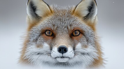 Obraz premium Fox portrait, face forward in snow. Intense animal gaze, winter backdrop, blurry
