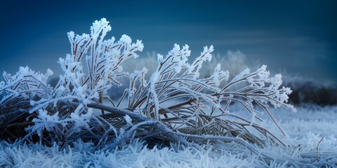 Frosty Winter Branches Covered in Sparkling Ice Crystals in a Cold Landscape