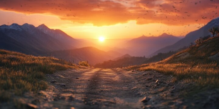 Dirt road at sunset with rolling hills and trees in the distance.