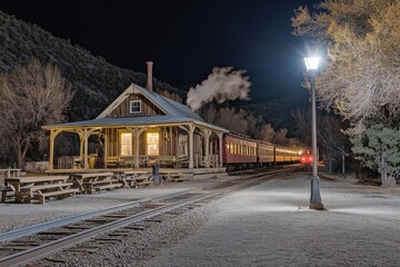 Obraz premium Vintage Train Station at Night with Steam Train and Lanterns