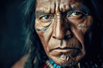 Obraz premium A mature Native American man with a serious and contemplative expression, set against a dark background. 