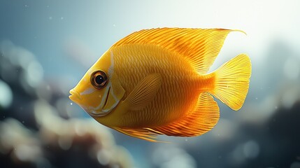 Naklejka premium Golden Fish Swimming in Clear Water, Bokeh Background, Underwater Wildlife Scene