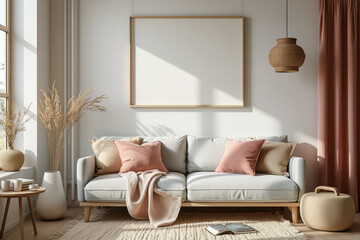light grey sofa with blush pink and beige pillows sits in a sunlit room