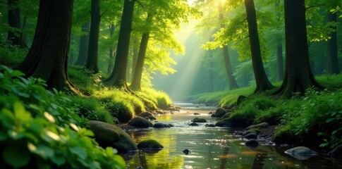 Obraz premium Sun-dappled forest, clear stream, lush greenery, leaves, majestic, rich