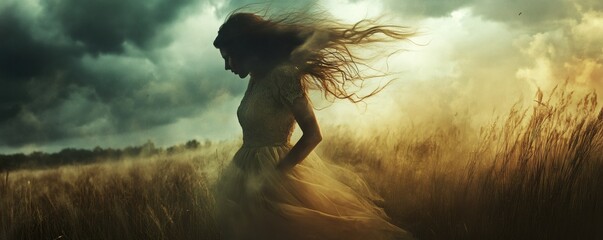 A silhouette of a woman standing in a grassy field