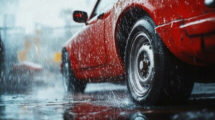 A vibrant red car glistens with cascading water droplets, shimmering against the sunlight as they fall gracefully from the top-left corner, creating a mesmerizing dance on its sleek surface