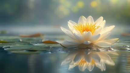 Lotus flower blooming, resting on water surface with blurred natural background, sunlight reflection