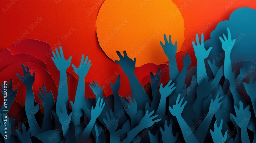 Leinwandbilder Powerful paper art background showcasing a crowd with raised hands in an inspiring setting Generative AI