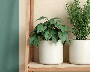 Fototapeta premium two potted plants with distinct foliage on a wooden shelf