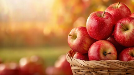 Close-up of ripe apples in a woven basket, set against the golden hues of an autumn apple farm.