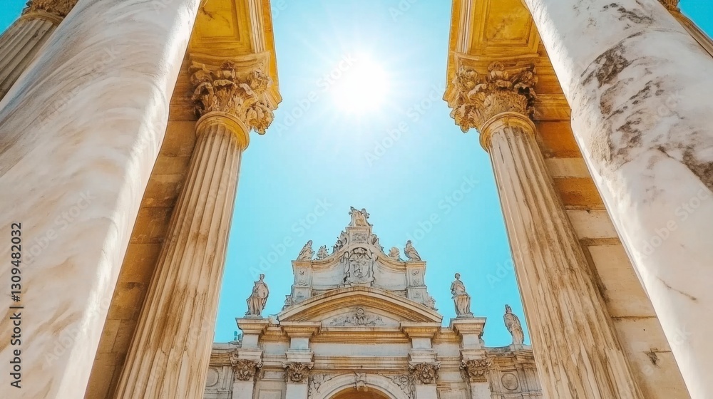 Poster low angle view of ancient stone columns framing a detailed architectural structure against a bright 