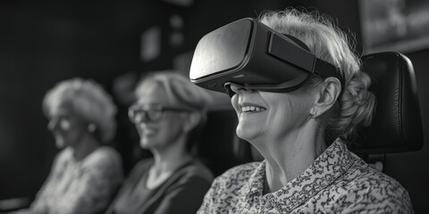 An elderly woman wearing a virtual reality headset and smiling, showcasing the use of technology to enhance older adults' experiences.