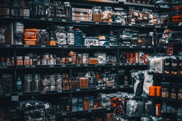 Diverse Shelves Filled with Various Food Products in a Grocery Store