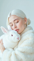 Obraz premium Stunning fair-skinned woman with platinum hair embraces a pure white rabbit, soft lighting and cool misty background, symbolism of serenity and elegance.