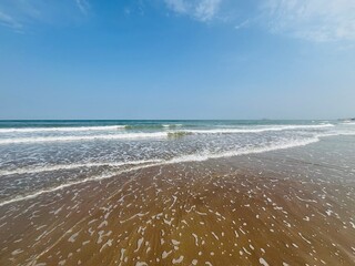 Blue sea horizon, beautiful natural color of the water, sandy beach, no people 