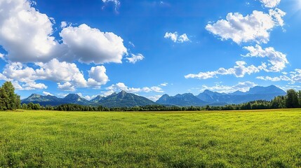 Obraz premium Serene Austrian Landscape with Vibrant Green Meadow and Majestic Mountains Under Clear Blue Sky, Ideal Sunny Summer Day Scenery