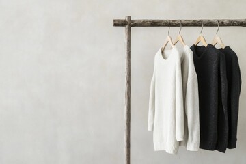Fototapeta premium minimalist scene with eco-friendly clothing hung on rustic wooden rack natural lighting illuminates sustainable fabric