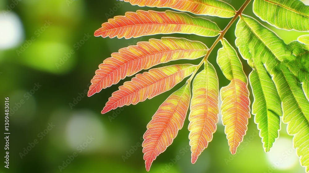 Poster close up of a leaf transitioning from green to red and orange, backlit by sunlight, creating a trans