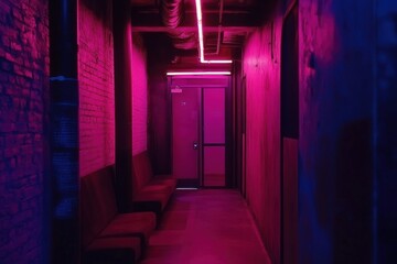 Futuristic Neon Lit Corridor with Pink Lighting and Dark Walls